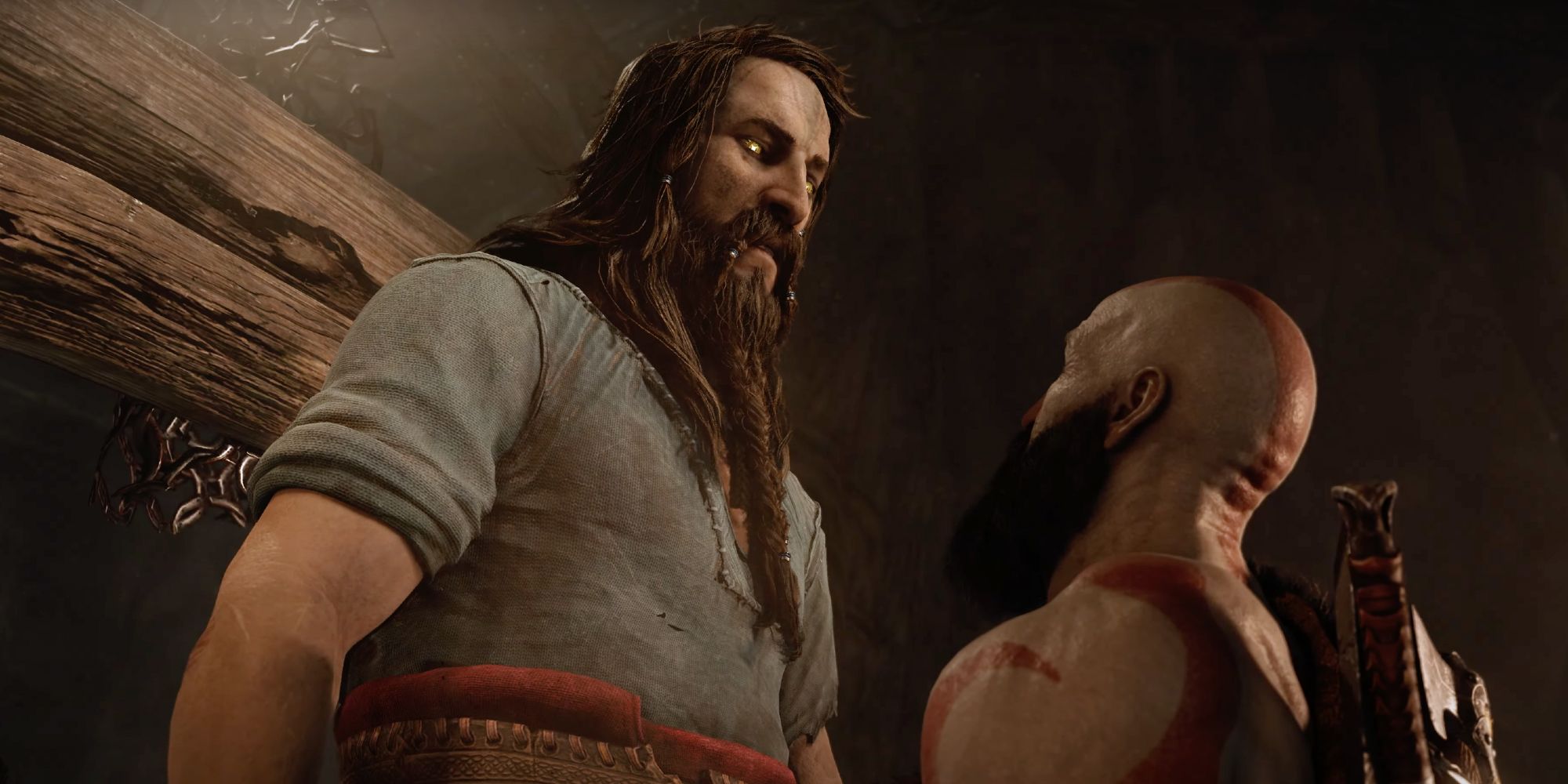Uma imagem de Tyr olhando para Kratos no jogo God of War: Ragnarok.