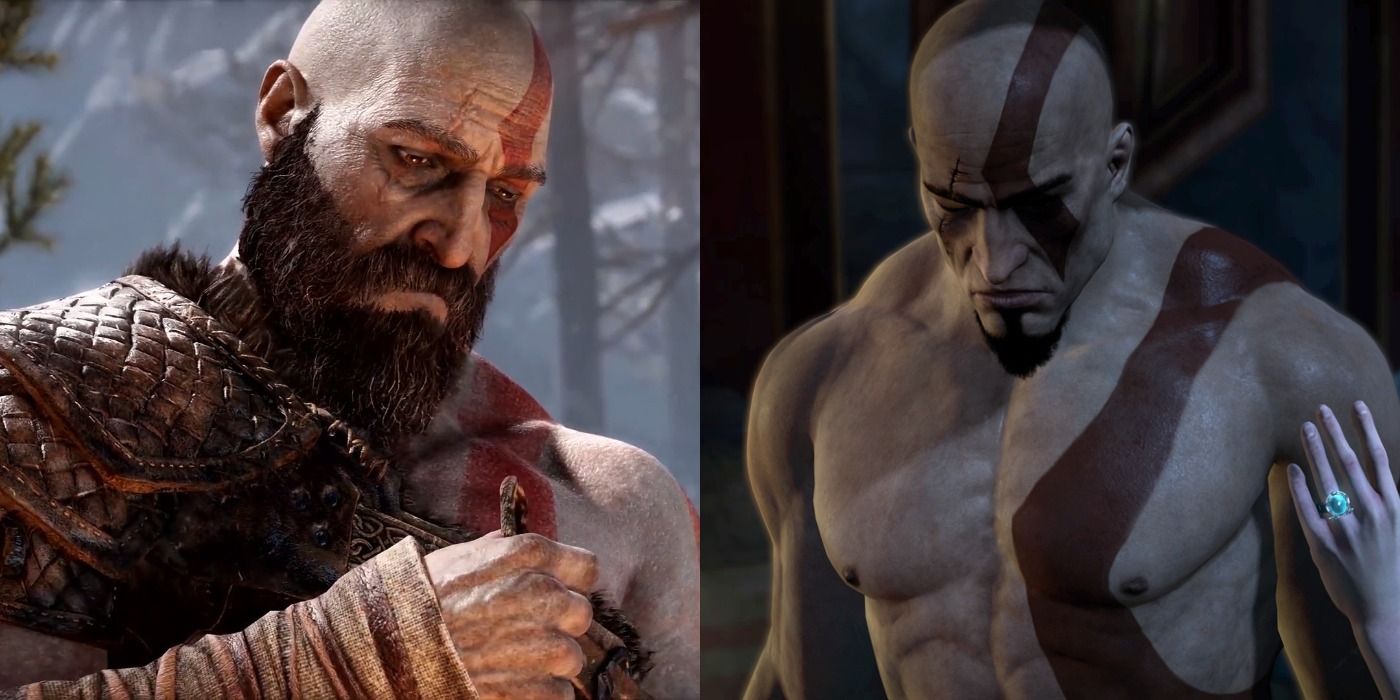 Split image of Kratos crying and Kratos looking down sadly in God of War