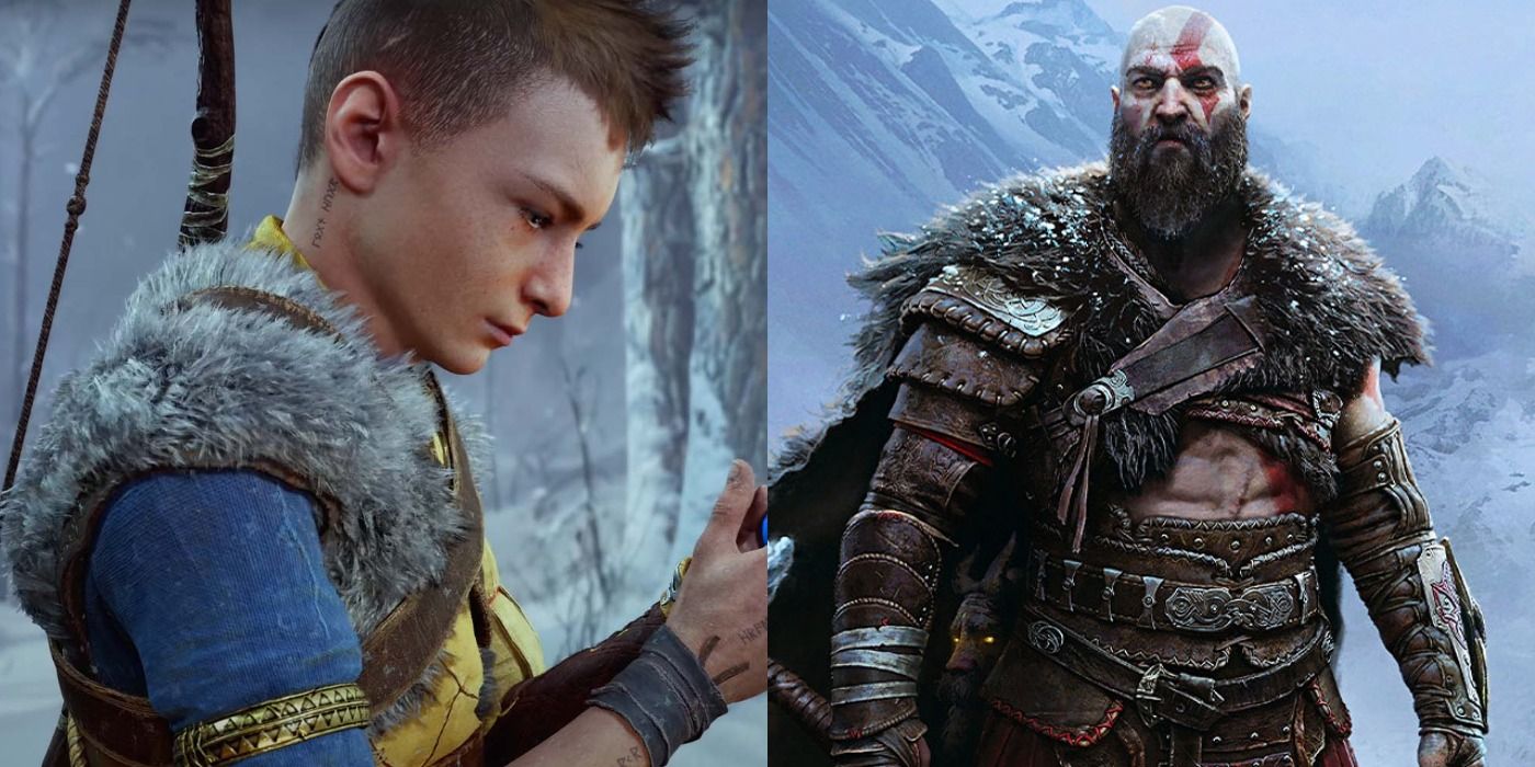 Split image of Atreus looks at a locket & Kratos wears a coat in God of War.
