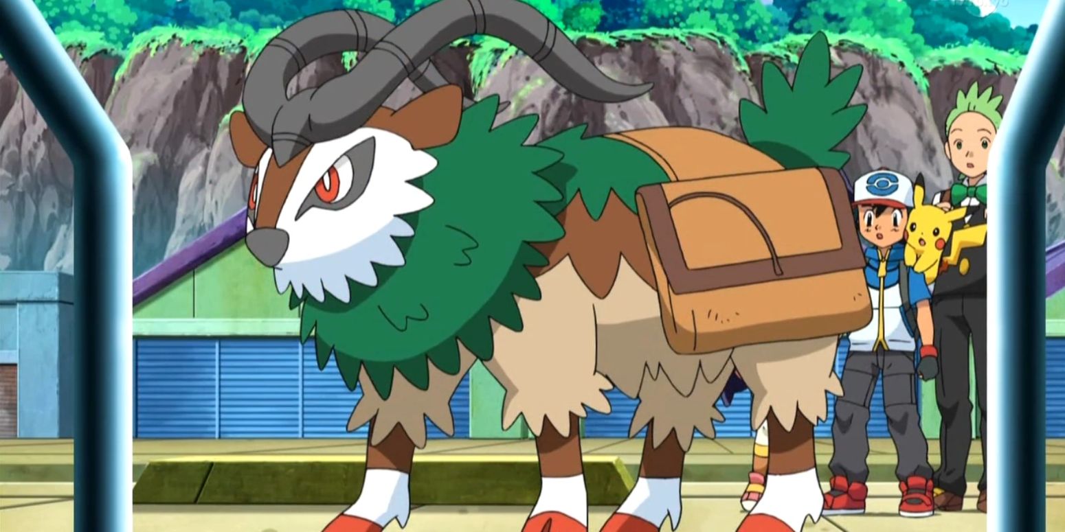 Gogoat stands ready to attack with Ash and Pikachu beside in in the Pokemon anime.