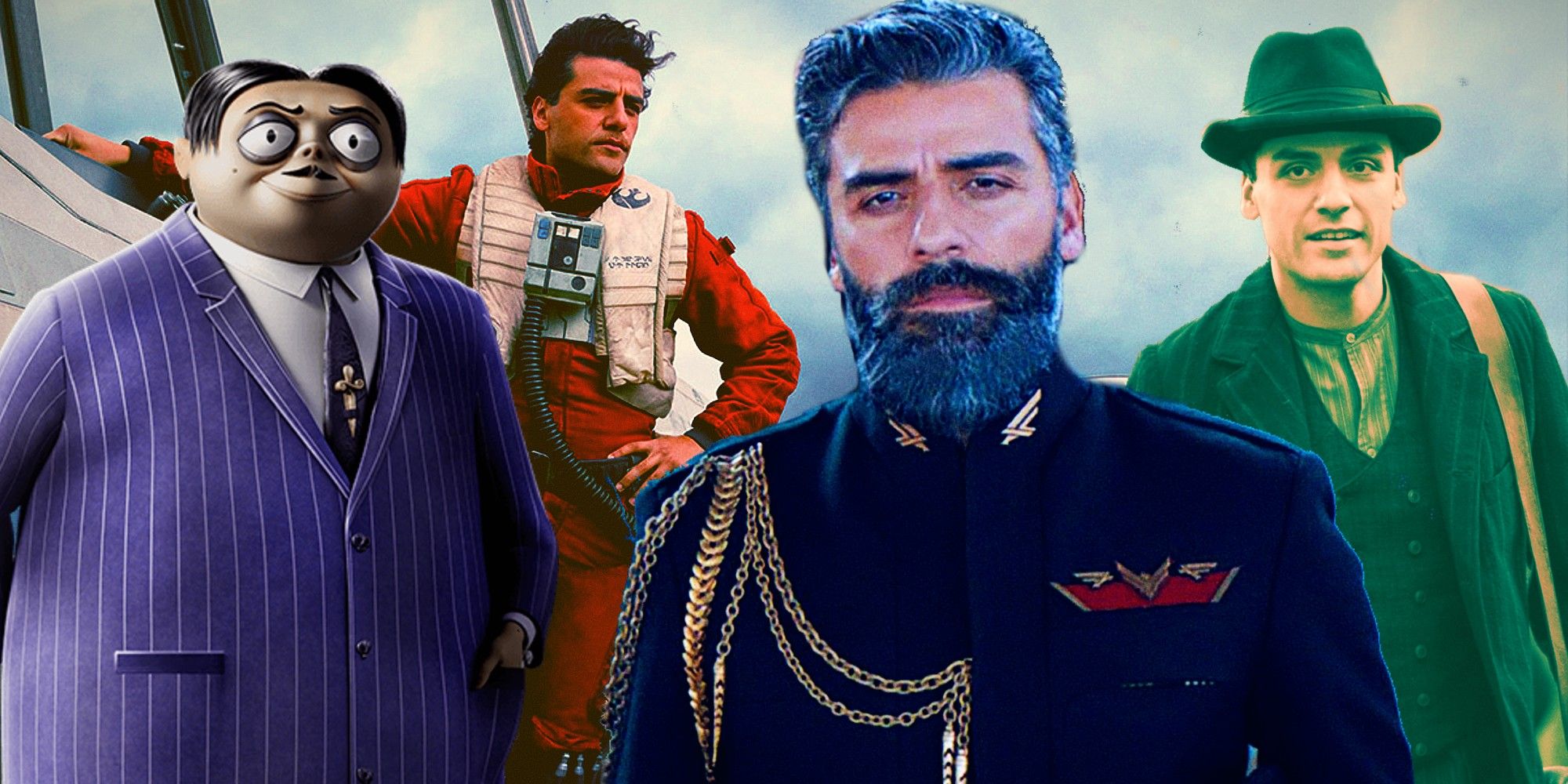 Collage of Oscar Isaac images featuring his roles in Addams Family, Star Wars, Dune and The Promise.