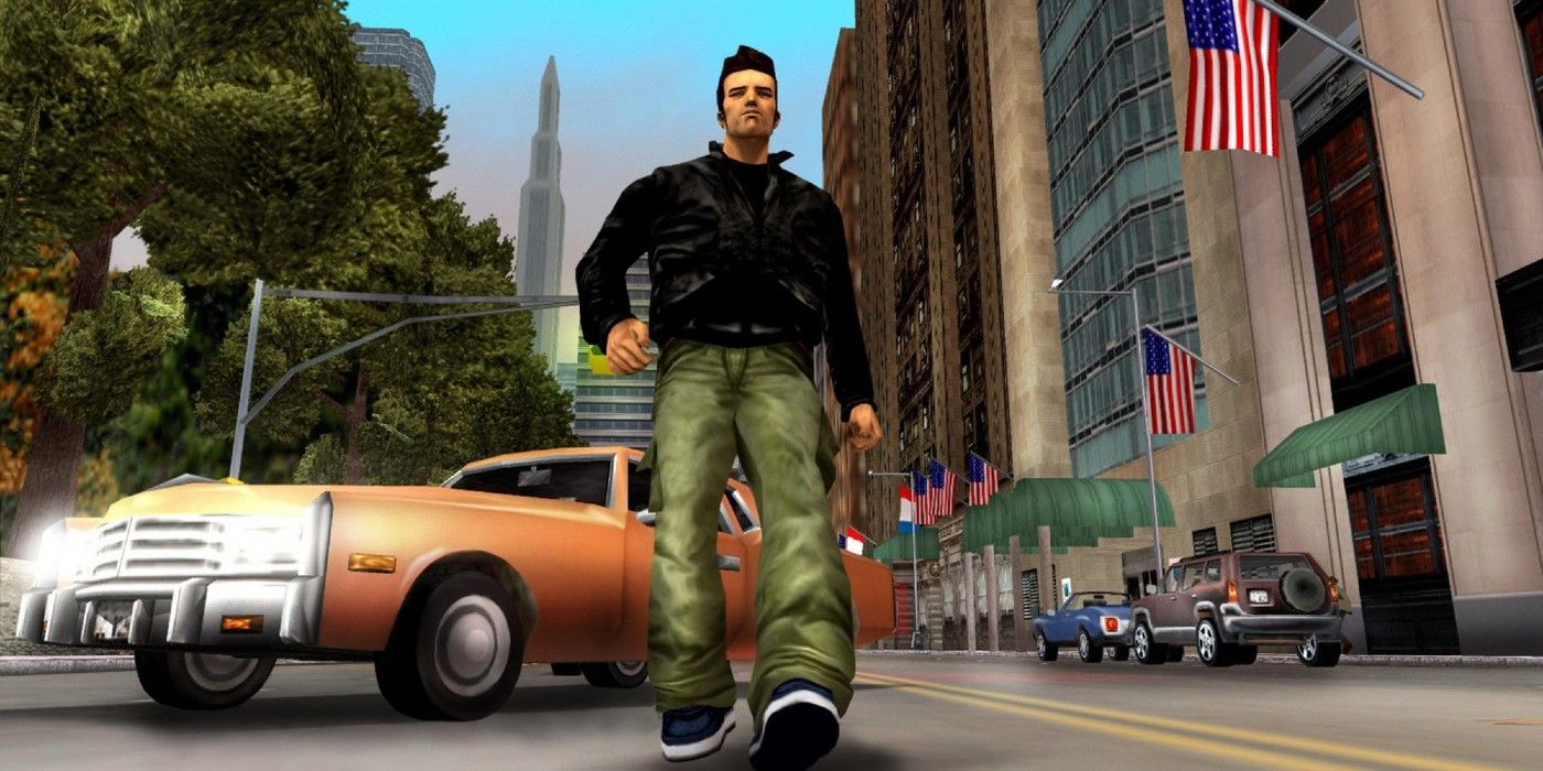 Grand Theft Auto III protagonist walks away from a car