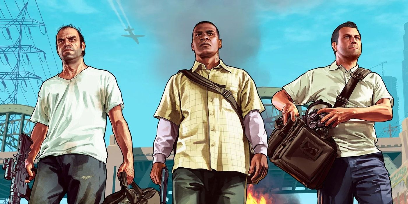 Three men stand looking in the horizon in Grand Theft Auto V.