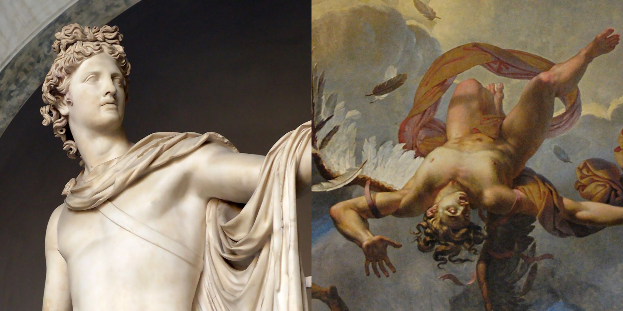 Split image: A sculpture of the Greek god Apollo, a painting of Icarus flying too close to the sun
