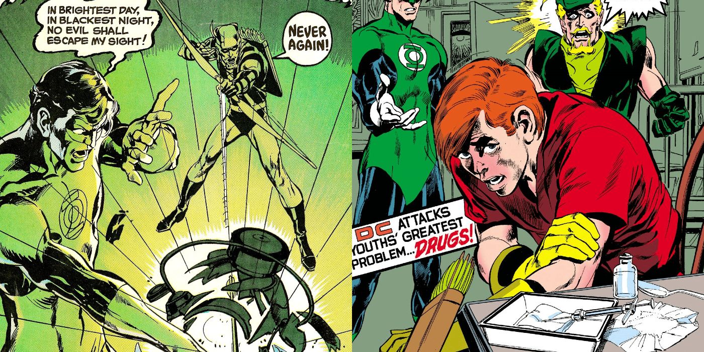 Split image: Green Lantern and Green Arrow on the cover of Green Lantern #76, Speedy on the cover of Green Lantern #85