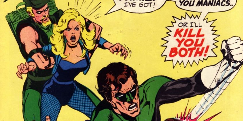 Green Arrow holds Black Canary back while Green Lantern beats up a dude