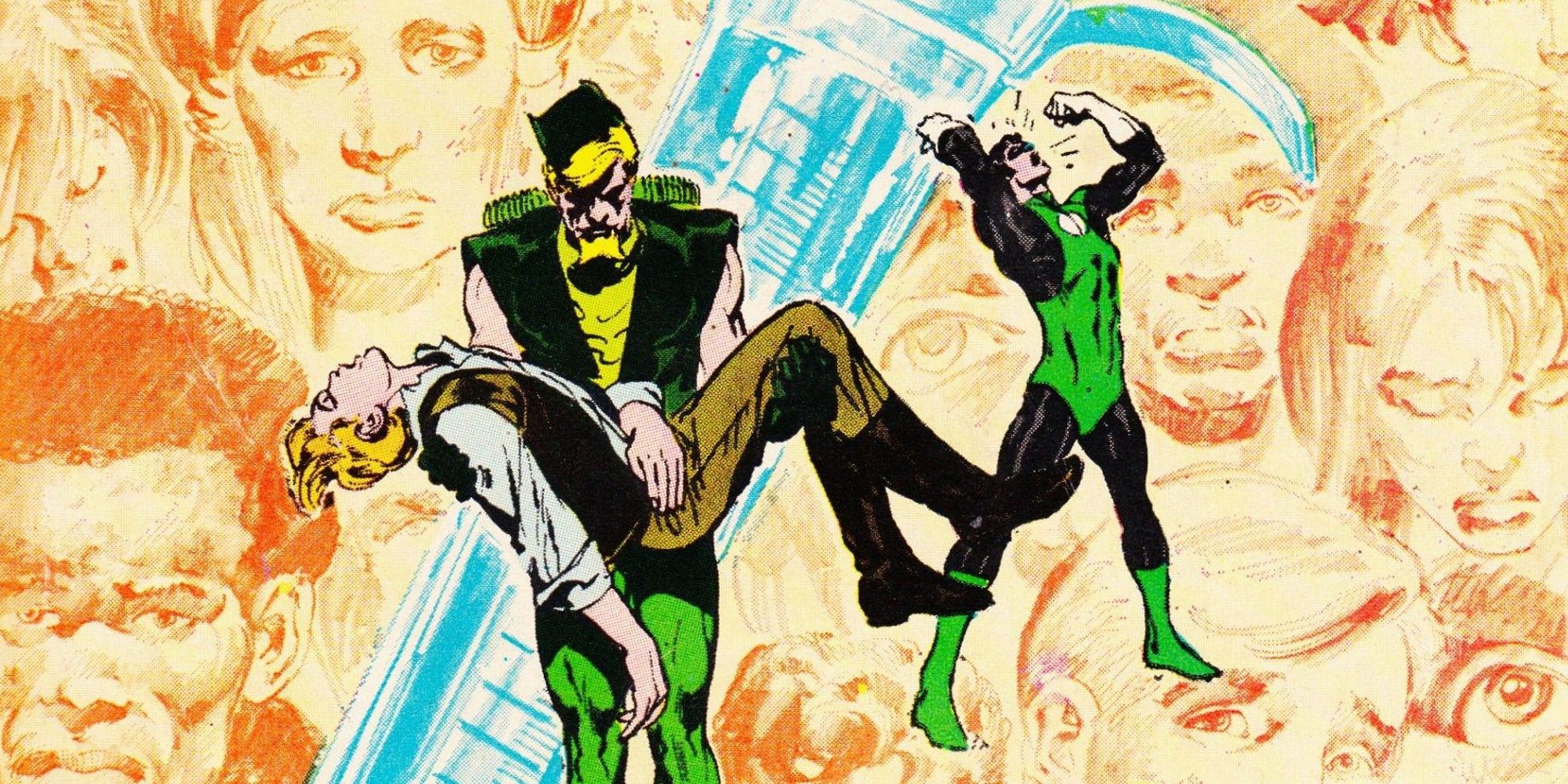 Green Arrow holds a dead body while Green Lantern screams at the sky on the cover of Green Lantern #86