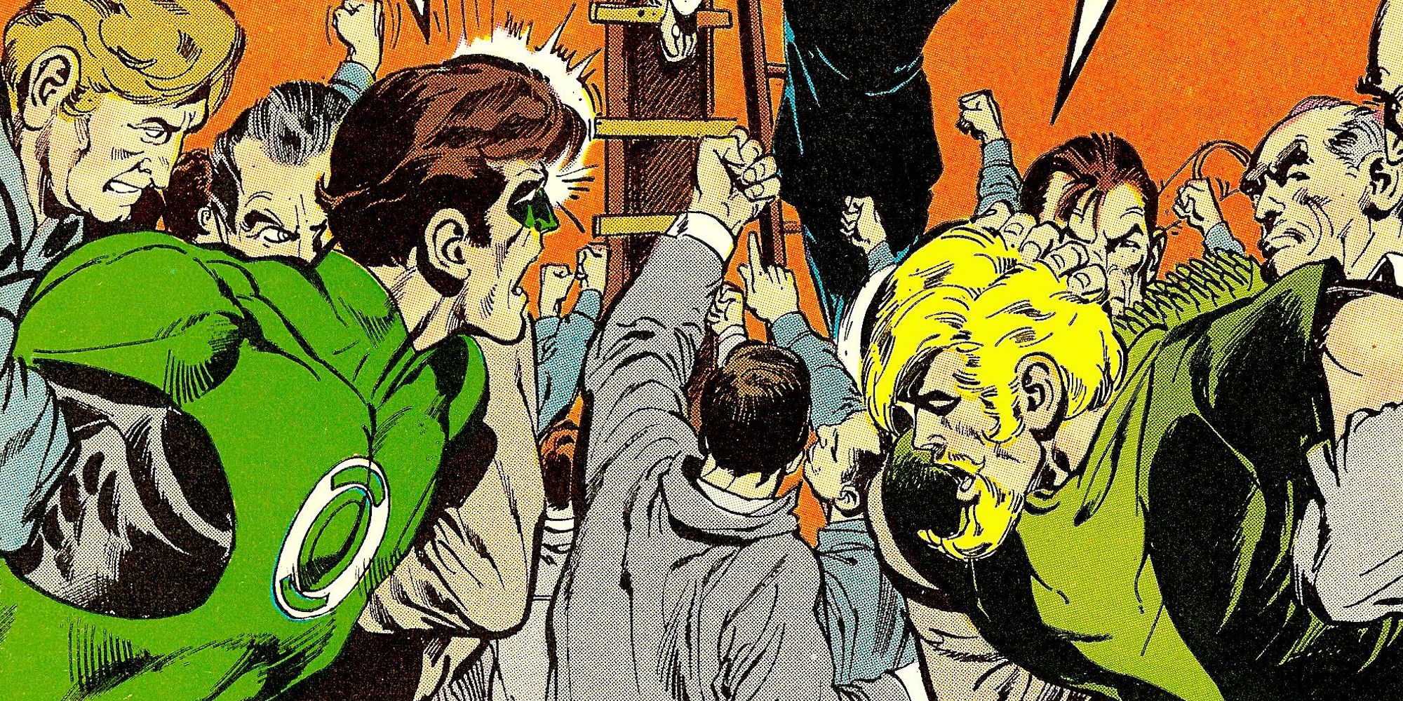 Green Lantern and Green Arrow are subdued by a mob on the cover of Green Lantern #89