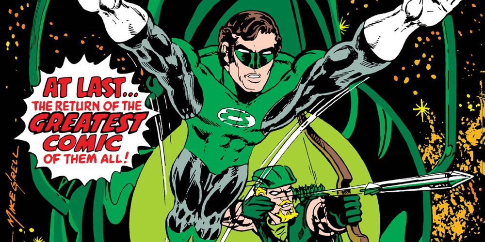 Green Lantern flies through space with Green Arrow behind him firing an arrow