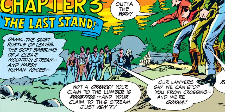 Native Americans stand together against white lumberjacks in the pages of Green Lantern