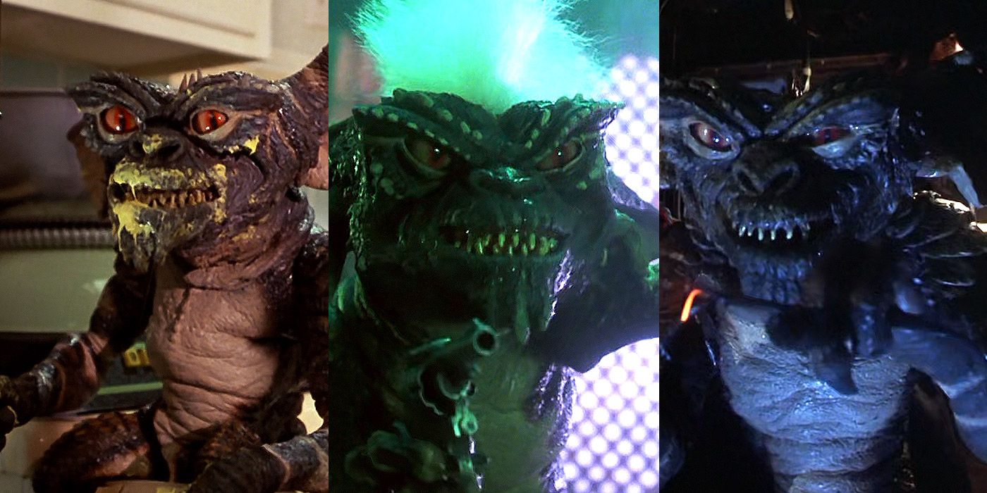 Split image of three dfifferent Gremlins including Stripe with a gun from the 1984 film Gremlins.