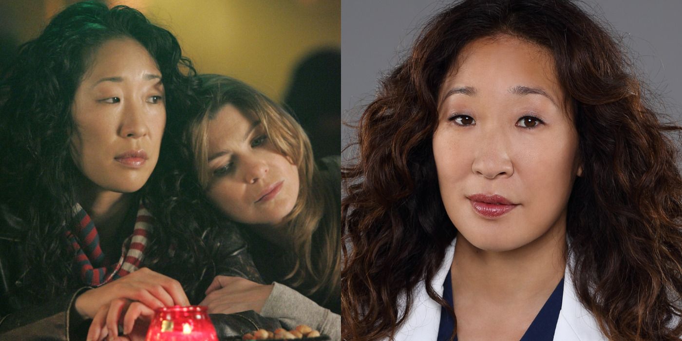 A split image of Christina Yang from the Grey's Anatomy TV series.