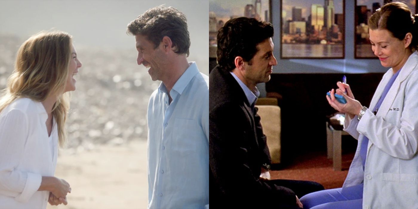 Split image of Meredith and Derek on the beach and post-it note wedding on Grey's Anatomy