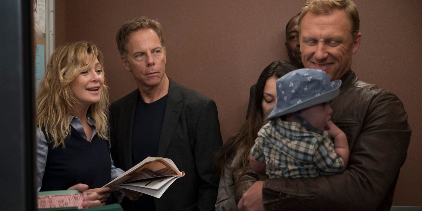 Meredith, Tom, and Owen and his baby on the elevator in Grey&rsquo;s Anatomy
