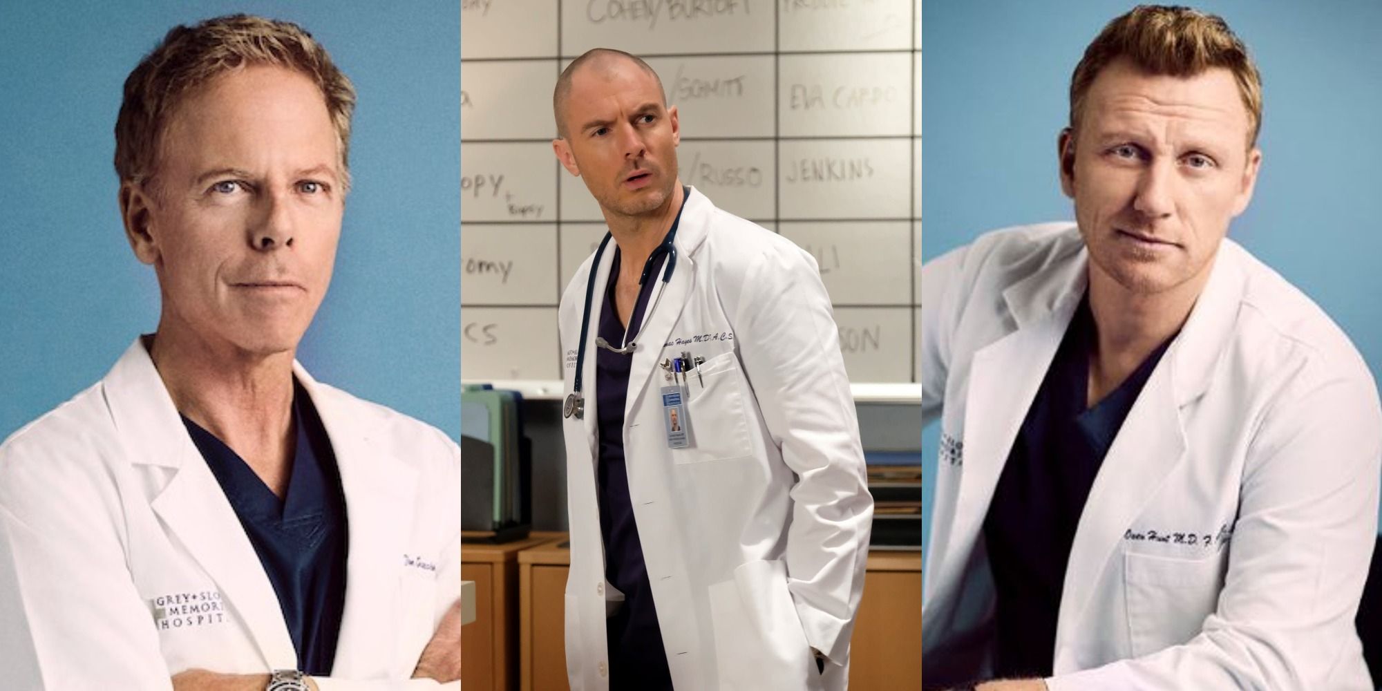 Split image showing Tom, Cormac, and Owen in Grey&rsquo;s Anatomy