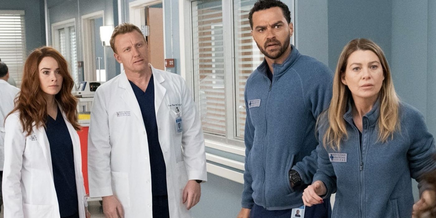 Owen, Jackson, and Meredith looking concerned in Grey's Anatomy