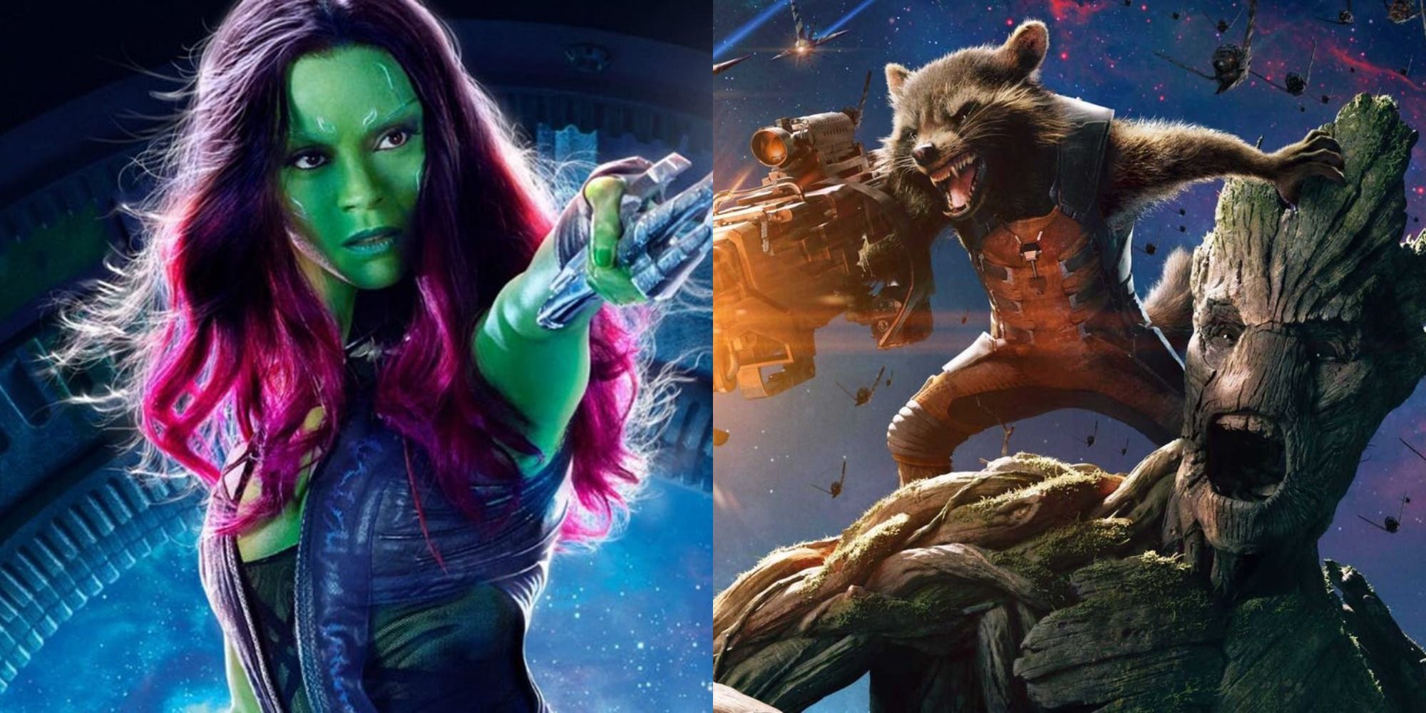 Split image showing Gamora and Rocket and Groot in Guardians of the Galaxy