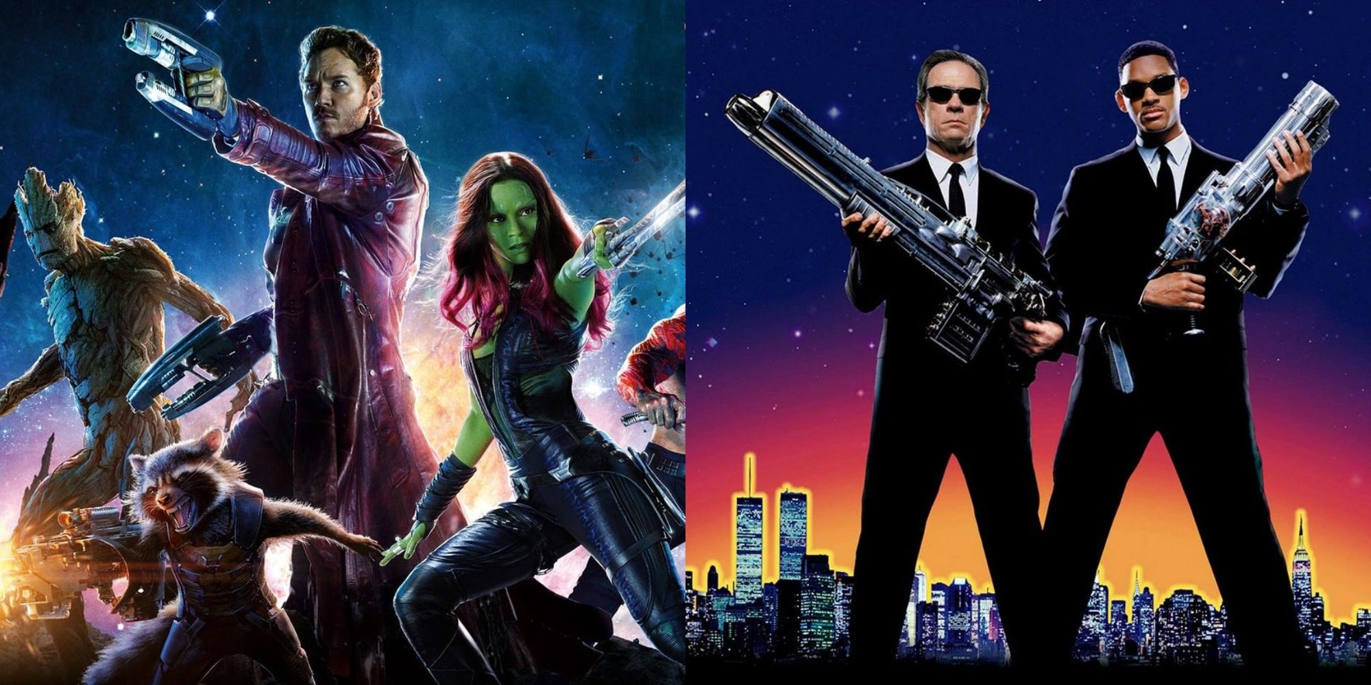 Split image showing the main characters from Guardians of the Galaxy and Men in Black