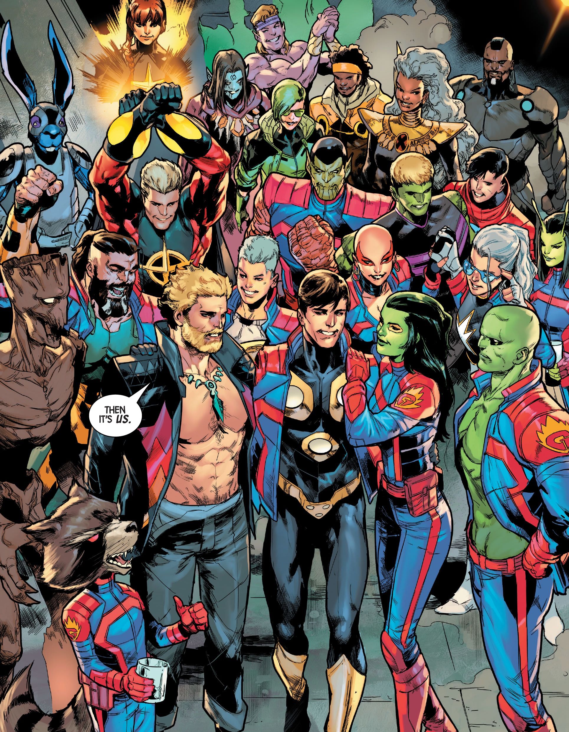 A gaggle of Guardians of the Galaxy, including Star-Lord, Gamora, Drax and others