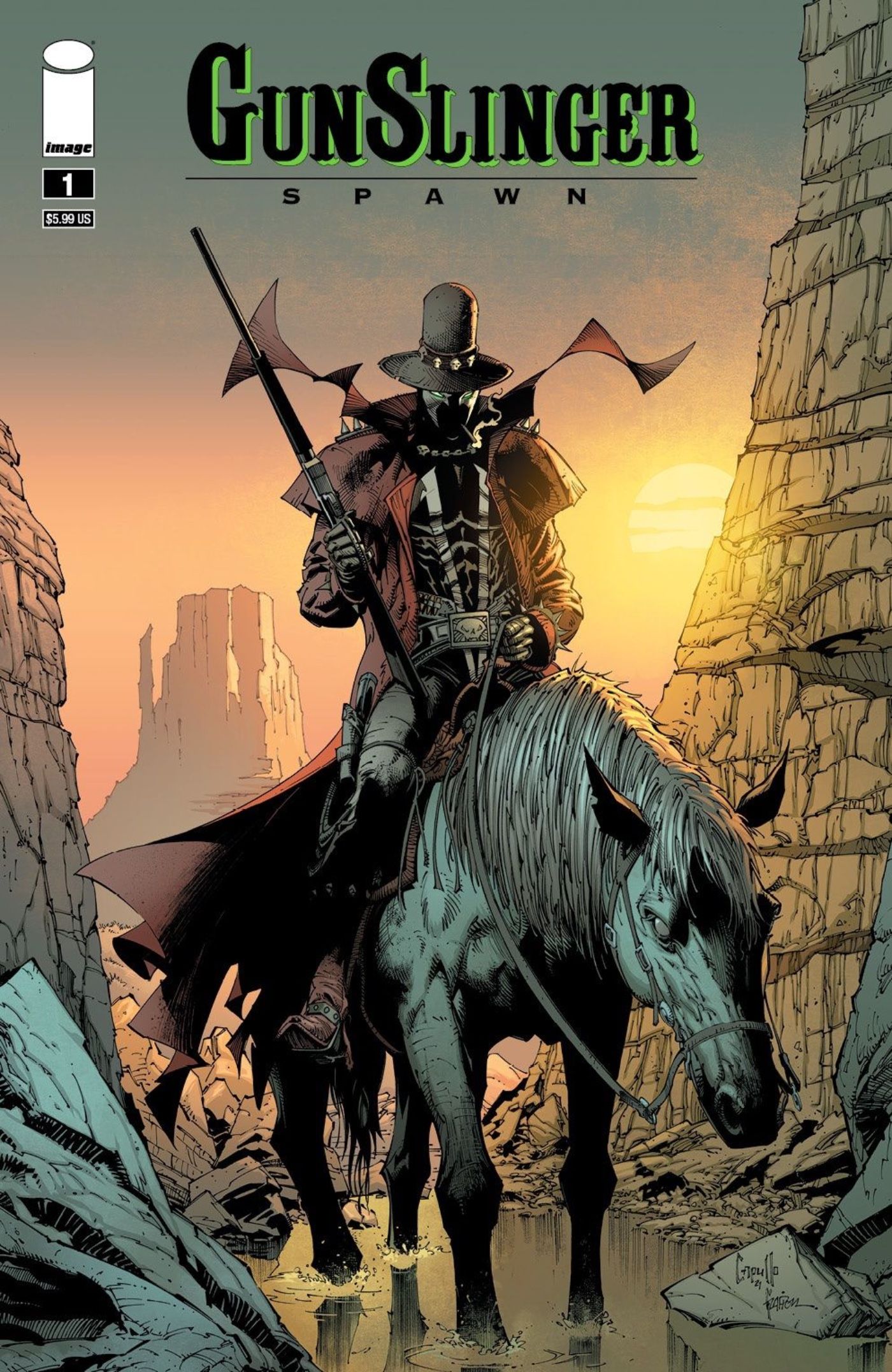 Gunslinger Spawn riding a horse through the desert