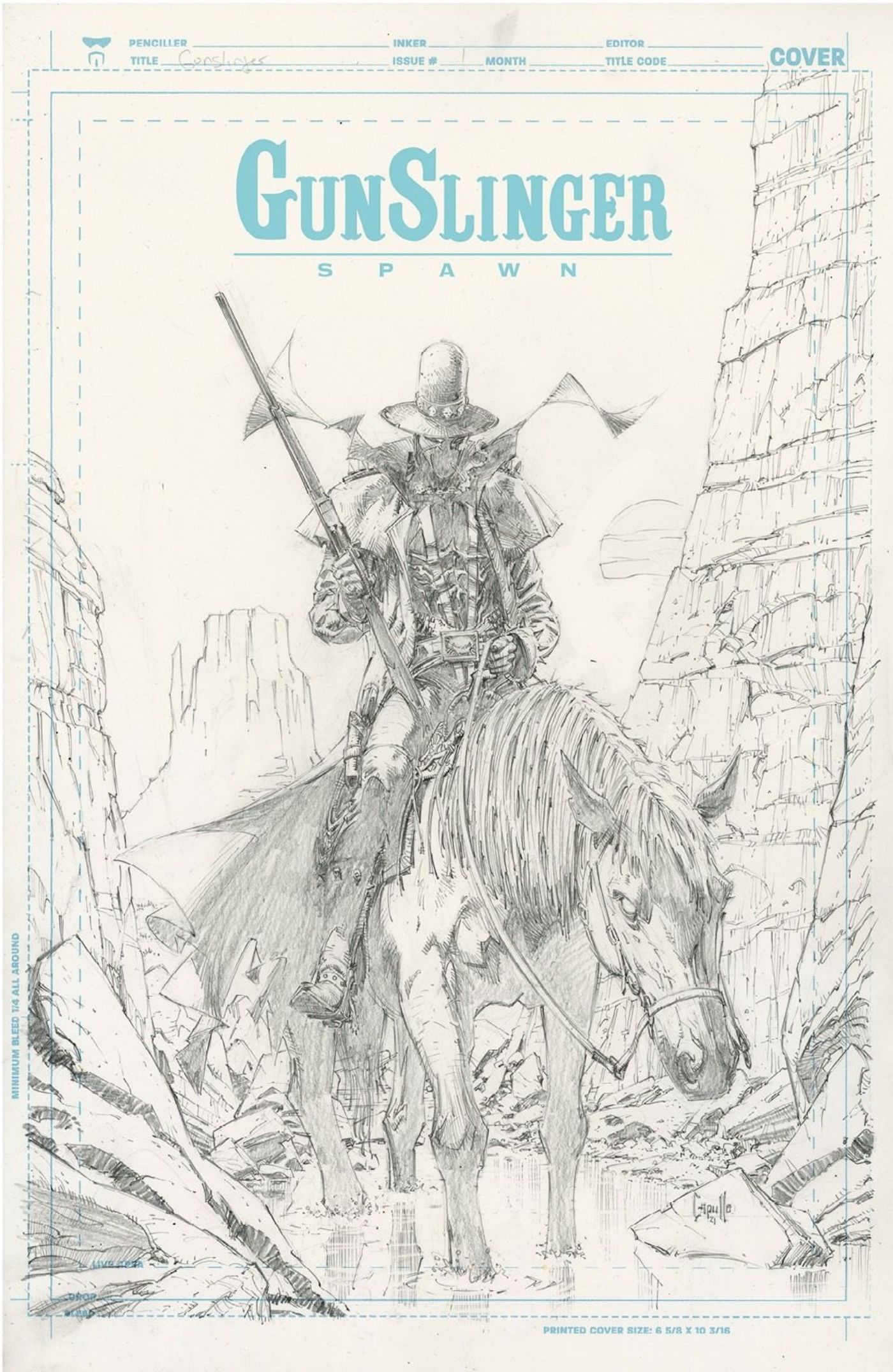 Pencil sketch of Gunslinger Spawn riding a horse through the desert