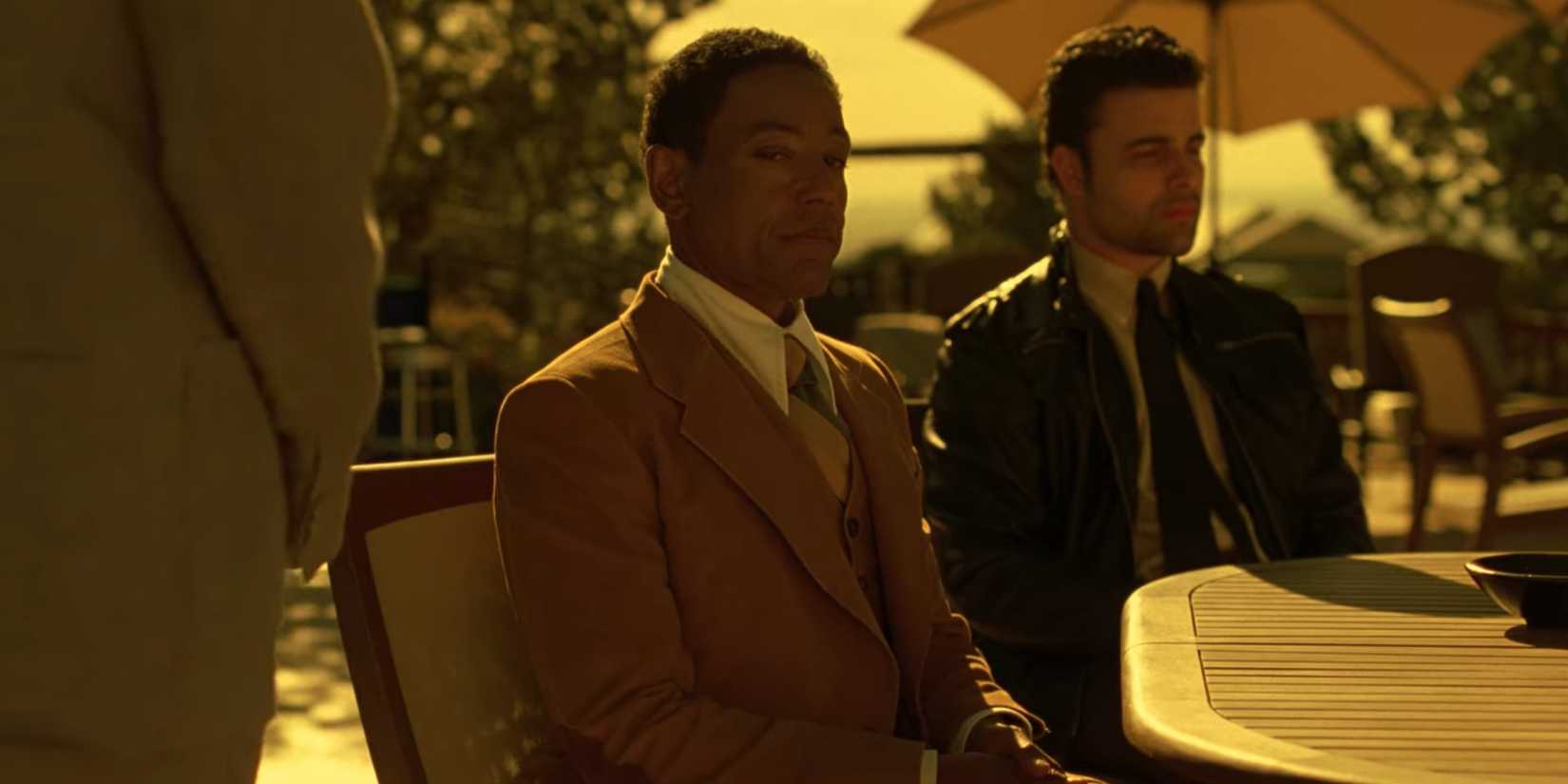 Max (James Martinez) and Gus (Giancarlo Esposito) at Don Eladio at his hacienda in Breaking Bad