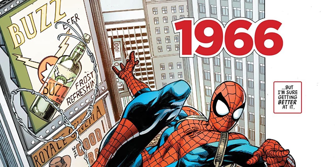 Spider-Man in 1966 swinging through New York City.