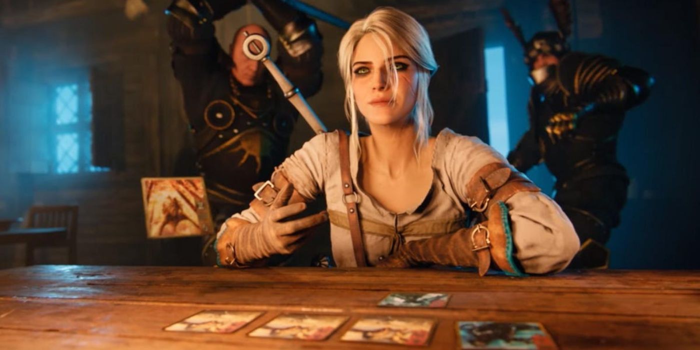 Ciri sitting in front of a table with the cards for Gwent in The Witcher 3