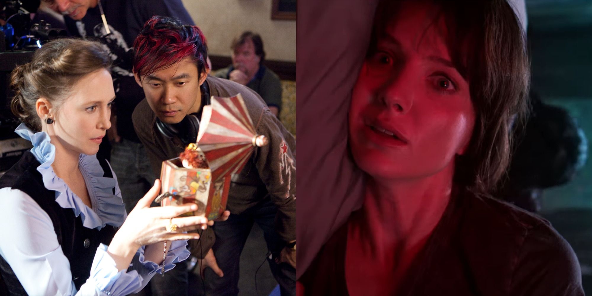 Split Image of James Wan and Vera Farmiga working on the Conjuring and Annabelle Wallis as Madison laying on bed in Malignant