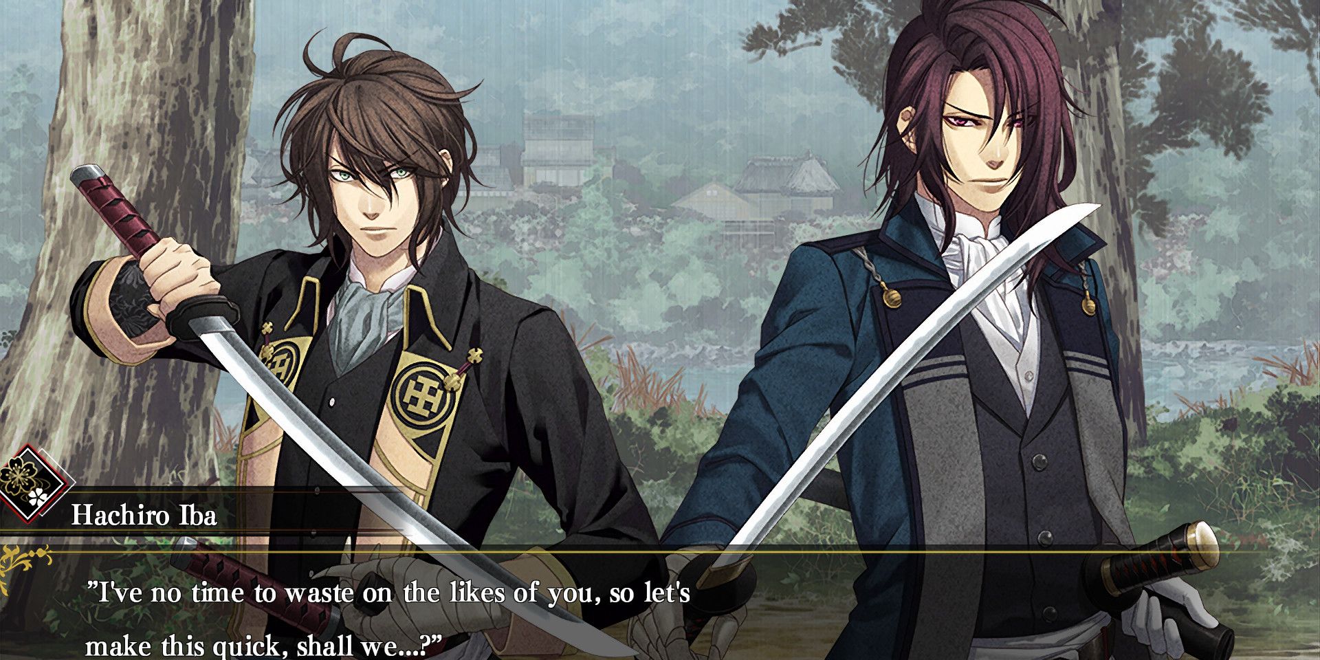 Hachiro &amp; Toshizo draw their swords outside in the video game Hakuoki.