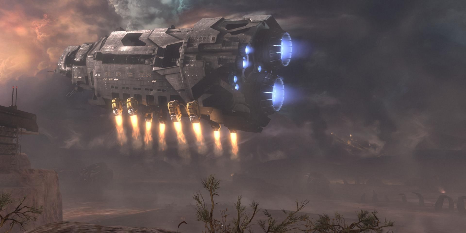 A large spaceship flying in Halo Reach