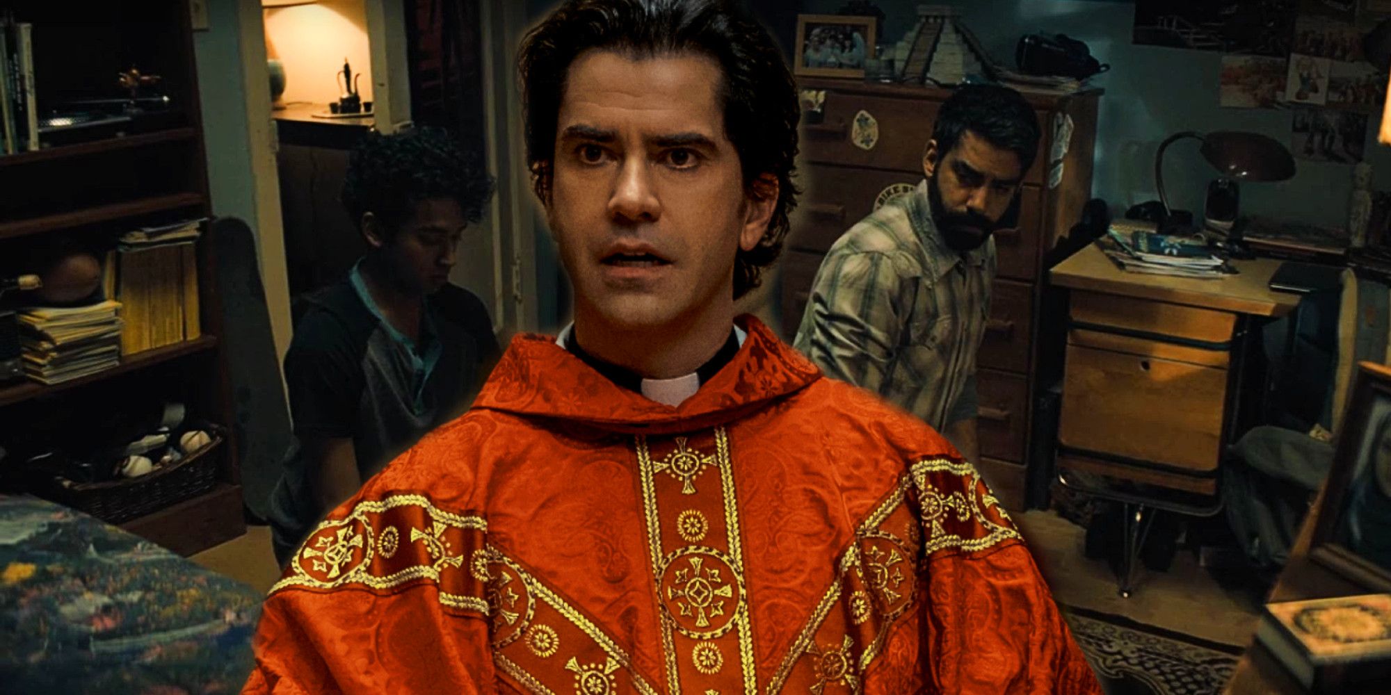 Hamish Linklater as Father Paul Hill aka Monsignor Pruitt, Rahul Abburi as Ali, Rahul Kohli as Sheriff Hassan in Netflix Midnight Mass