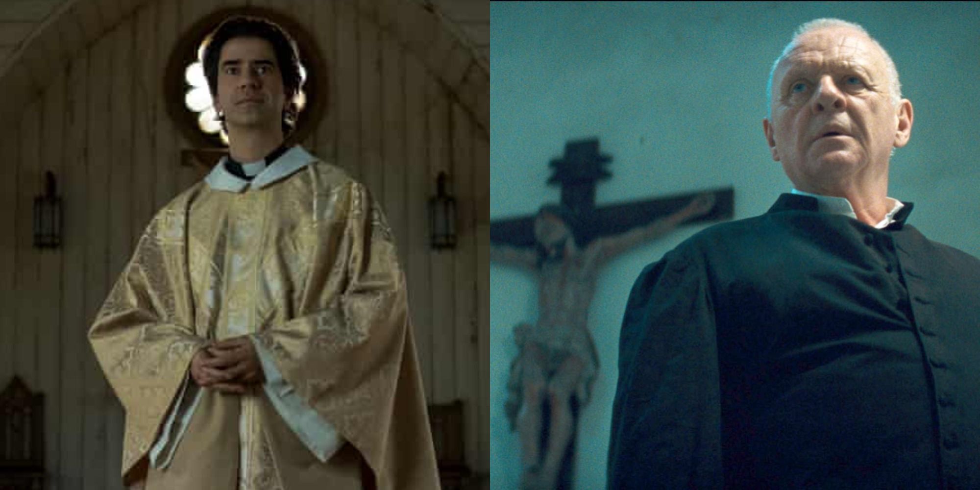 Father Paul (Hamish Linklater) in Midnight Mass and Father Lucas (Anthony Hopkins) in The Rite