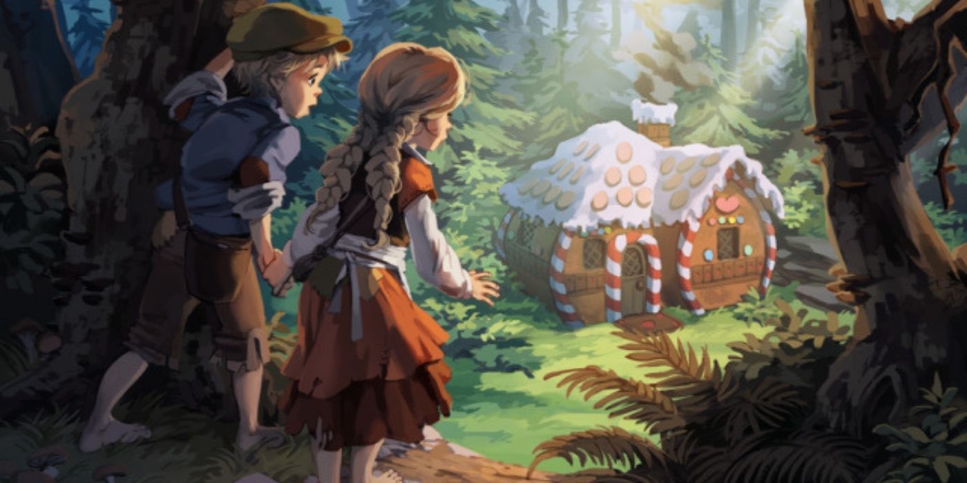 Illustration showing Hansel and Gretel arriving at the house made of candy
