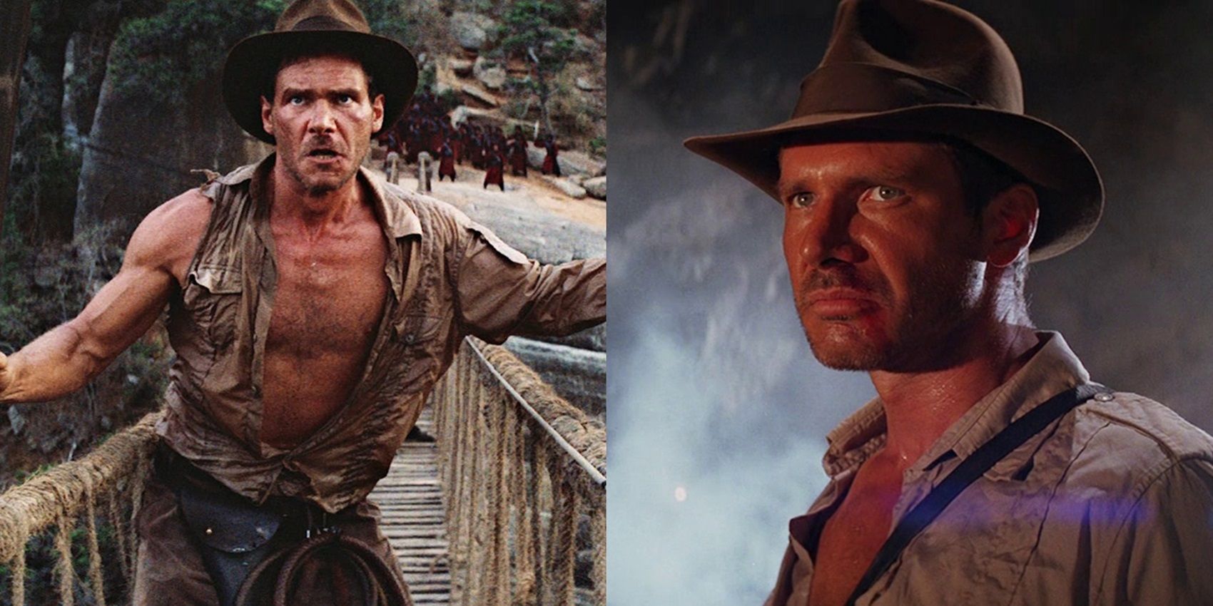 Harrison Ford on a rope bridge in Indiana Jones and the Temple of Doom.