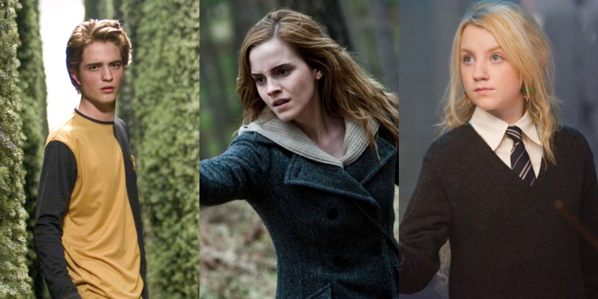 Split image of Cedric Diggory, Hermione Granger and Luna Lovegood