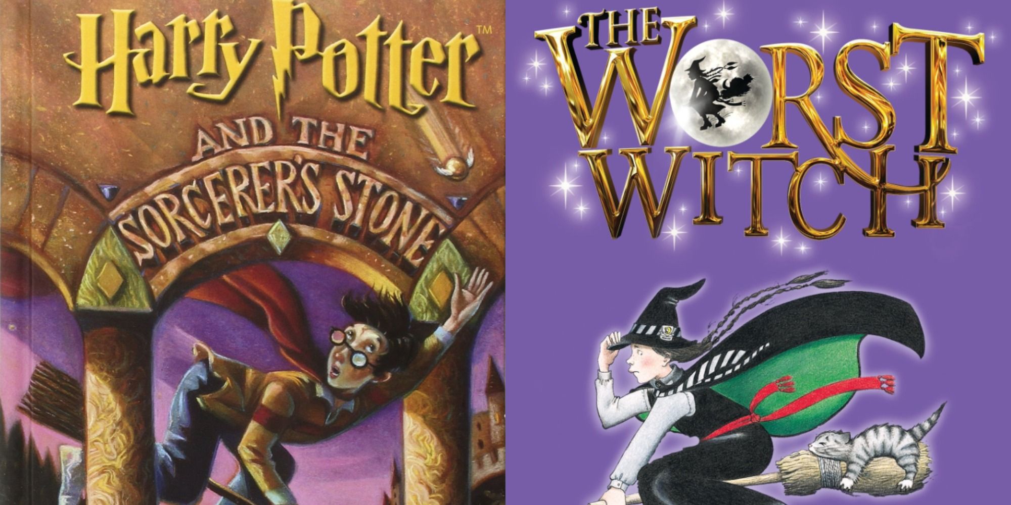 Split image showing covers for Harry Potter and the Sorcerer's Stone and The Worst Witch