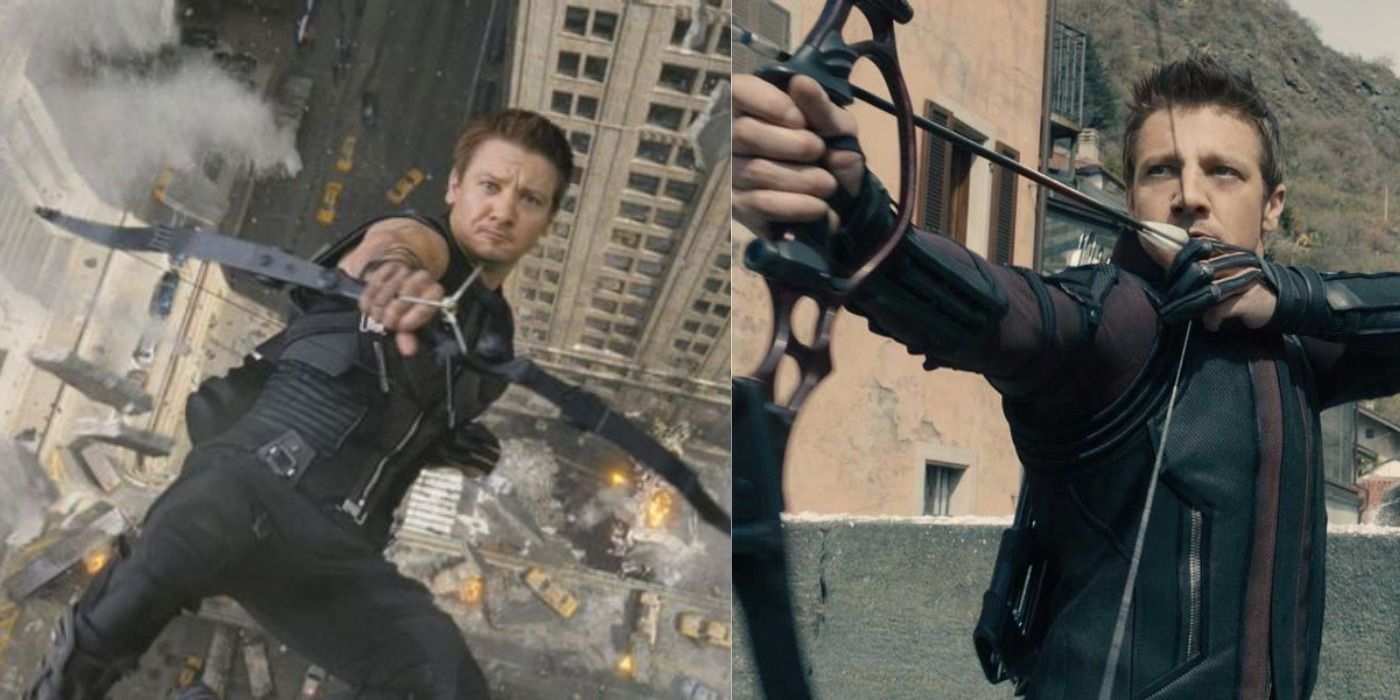 Split image: Hawkeye falls from a building/ Hawkeye aims his bow