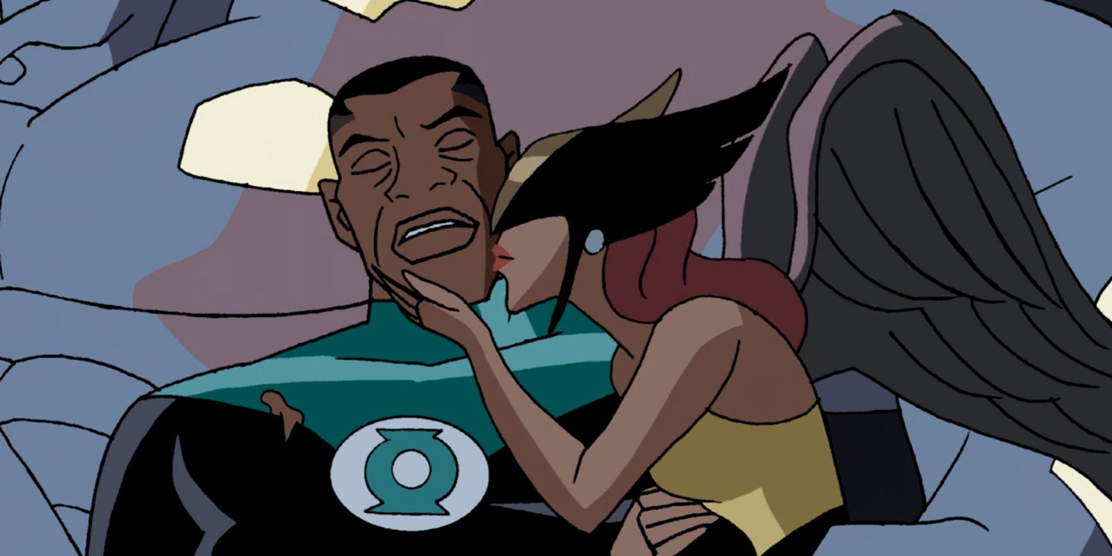 Mulher-Gavião beijando a bochecha do Lanterna Verde em Liga da Justiça 2001