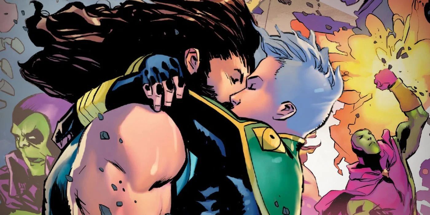 Marvel Boy and Hercules kiss while others fight in the background.