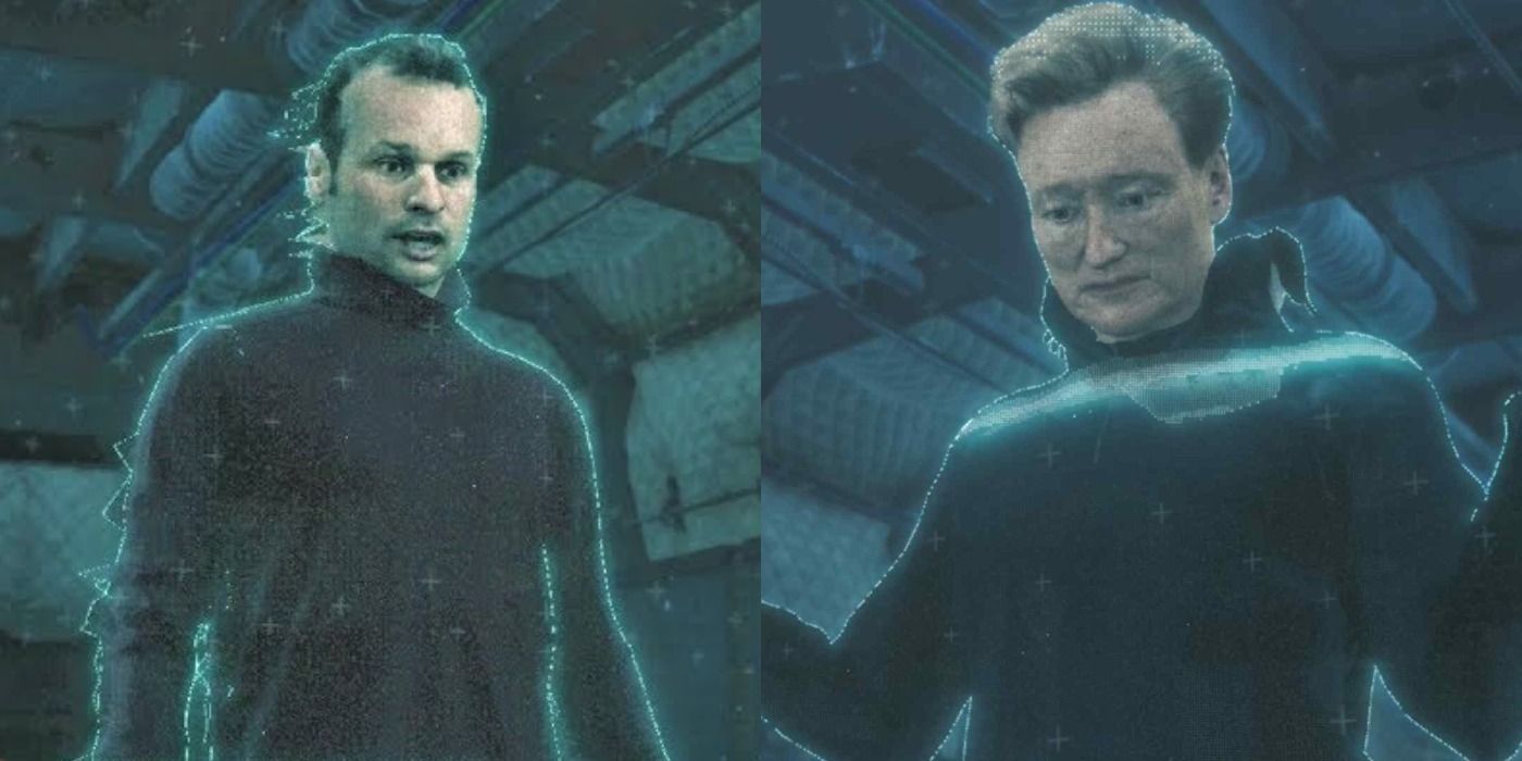 A split image showing Hermen Hulst and Conan O'Brien in the game Death Stranding.
