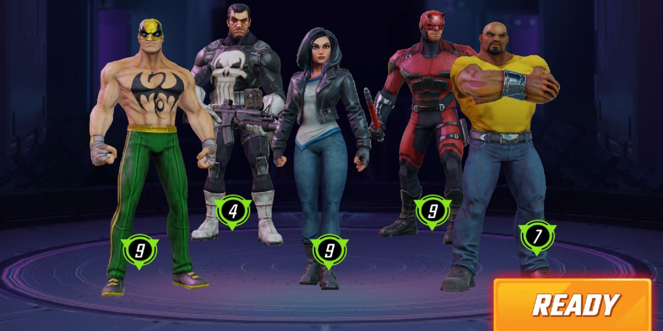 A chcracter selection screen for the Heroes for Hire in Marvel Strike Force.