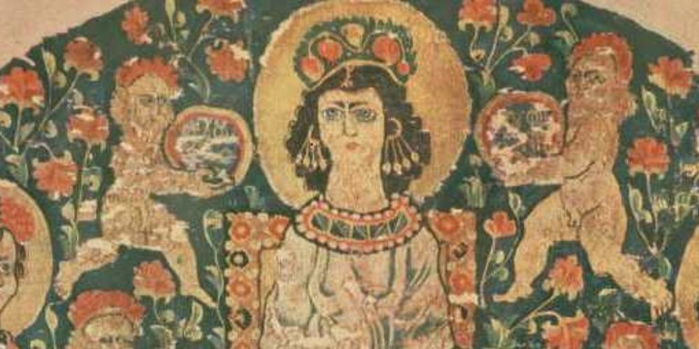 Hestia depicted in the tapestry &quot;Hestia Full of Blessings&quot;