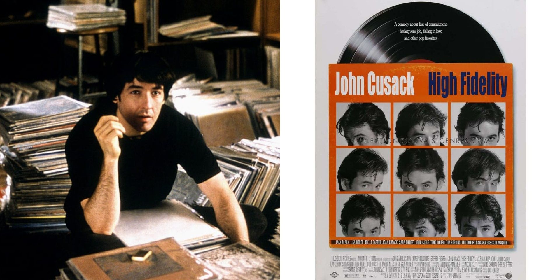 Split image of Rob looking up in the record store & the poster for High Fidelity.