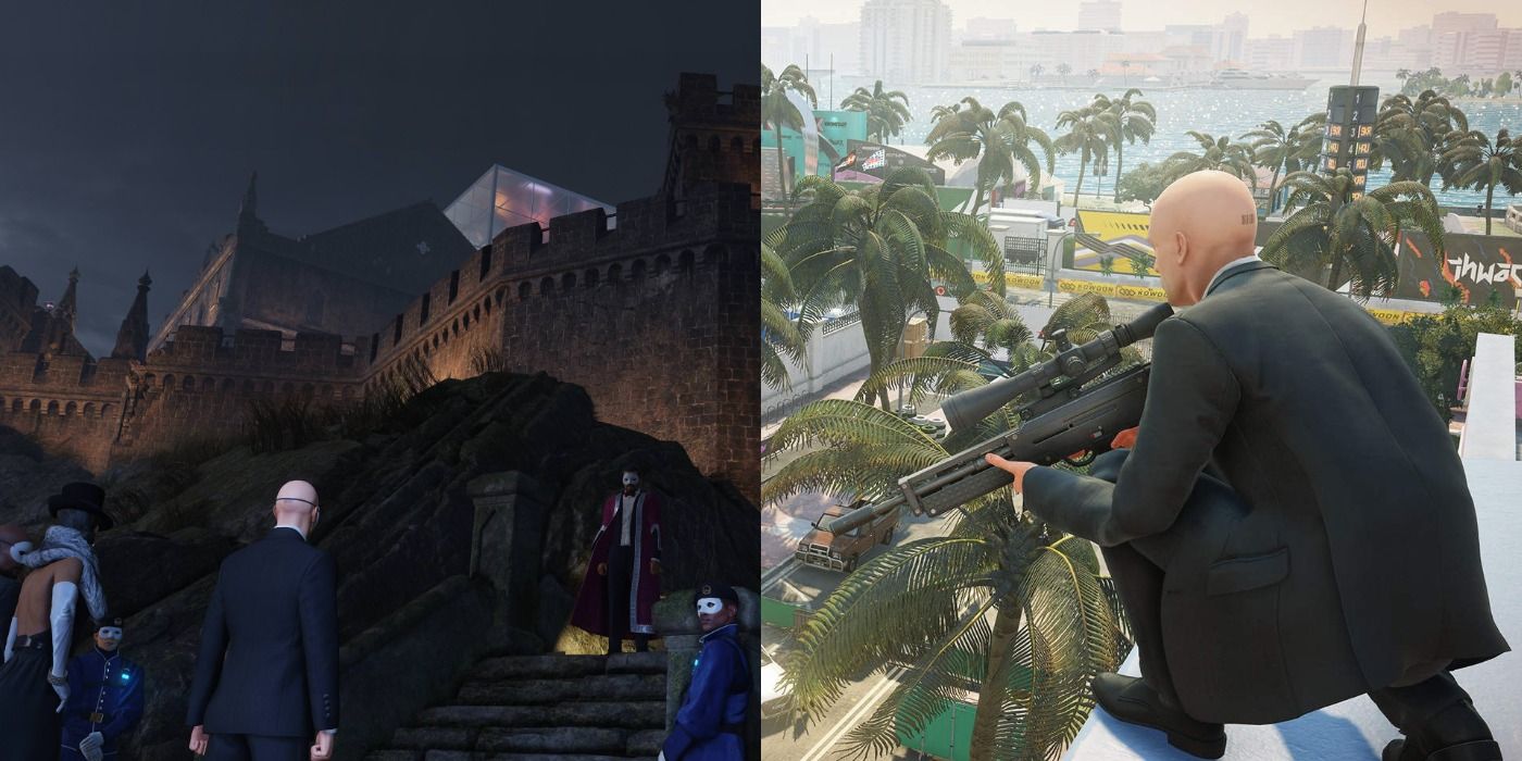 Split image of 47 at the Isla Sgail/ 47 crouches while holding a sniper.