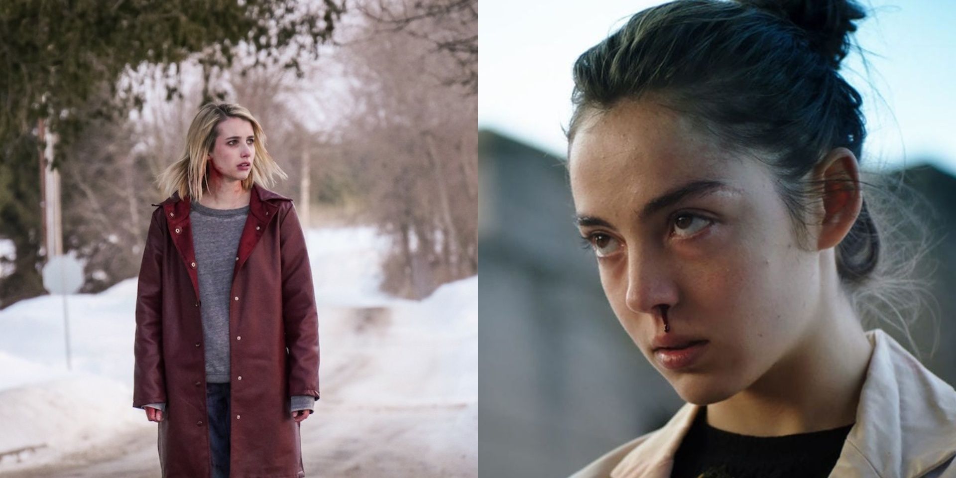 Split image of the horror movies The Blackcoats Daughter and Raw.