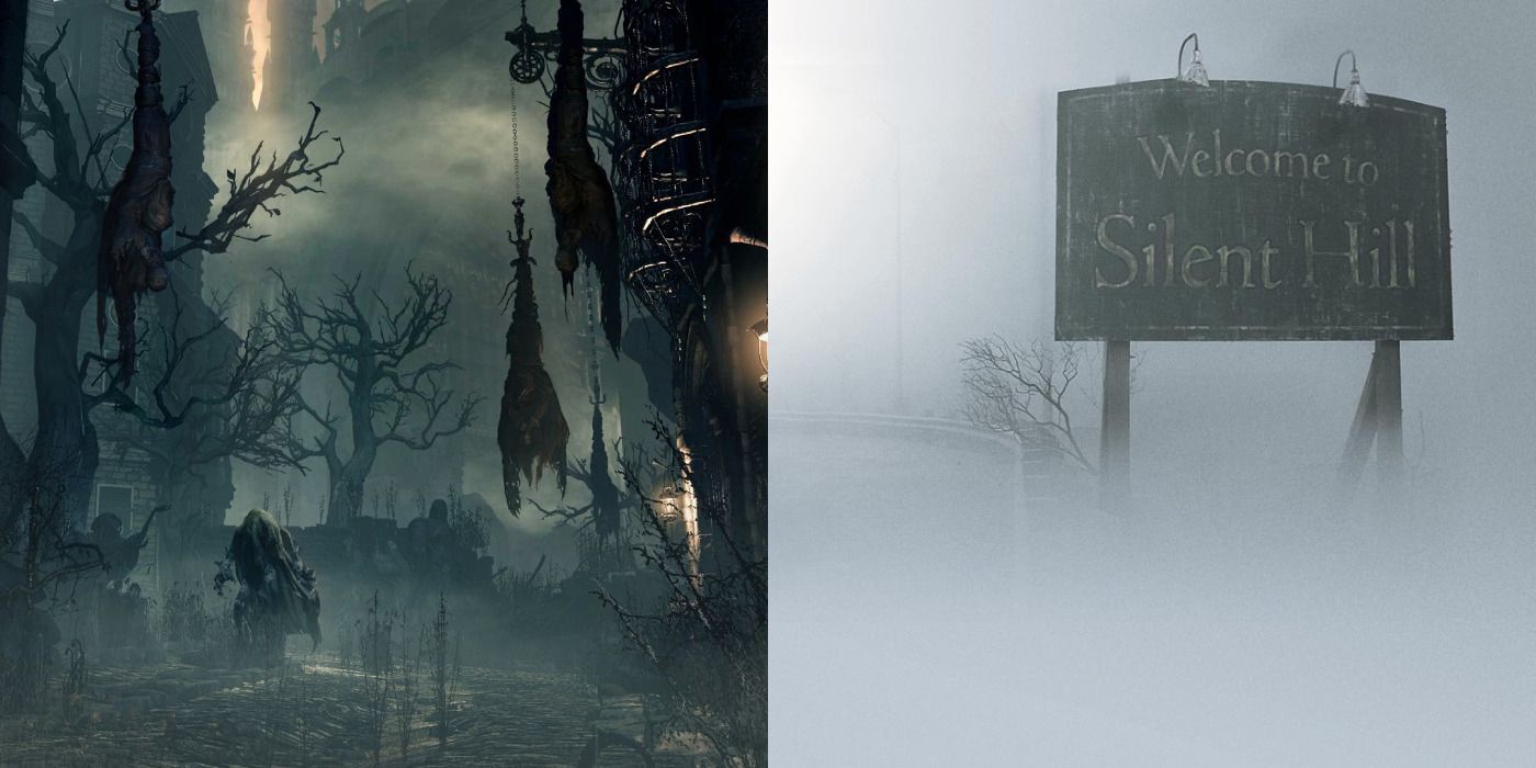 Split image of a street view of Yharnam in Bloodborne, and Silent Hill's iconic sign.