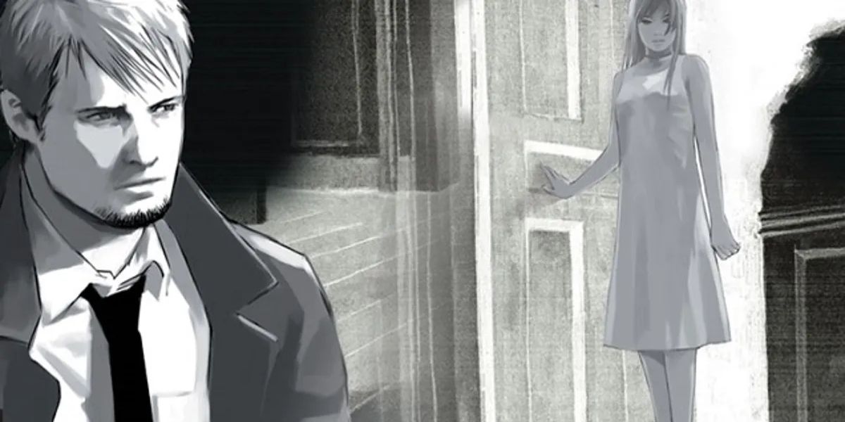 A detective glances over his shoulder as a woman walks through a door in Hotel Dusk: Room 215.