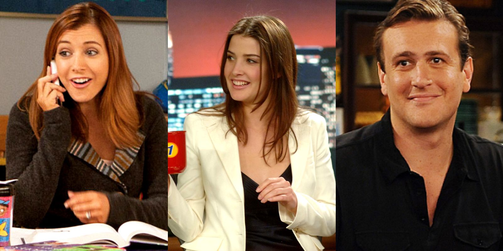 Split image: Lily, Robin and Marshall each smiling in scenes from How I Met Your Mother