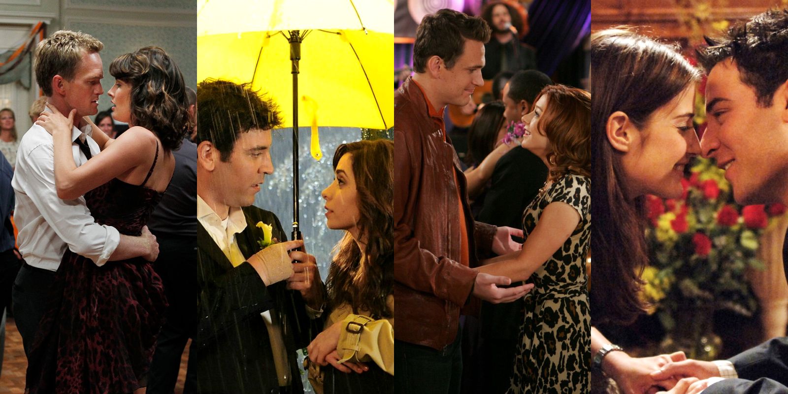 Split image of Barney and Robin dancing, Ted and Tracy under the yellow umbrella, Marshall and Lily dancing, and Robin and Ted about to kiss in How I Met Your Mother.